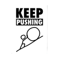 Bold Keep Pushing typography with figure moving a boulder uphill.