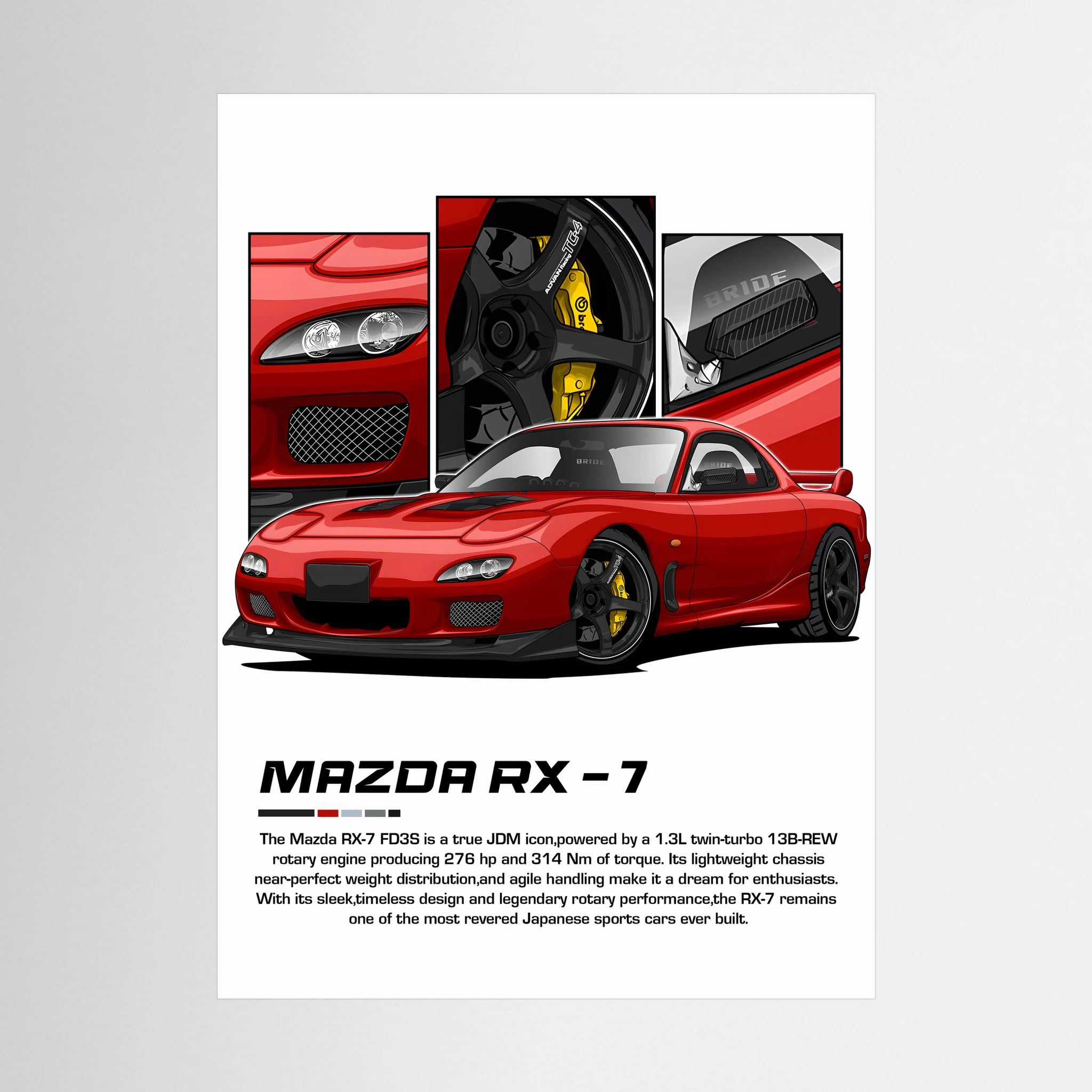 Red Mazda RX-7 illustration with detailed wheel, brake and engine panels.