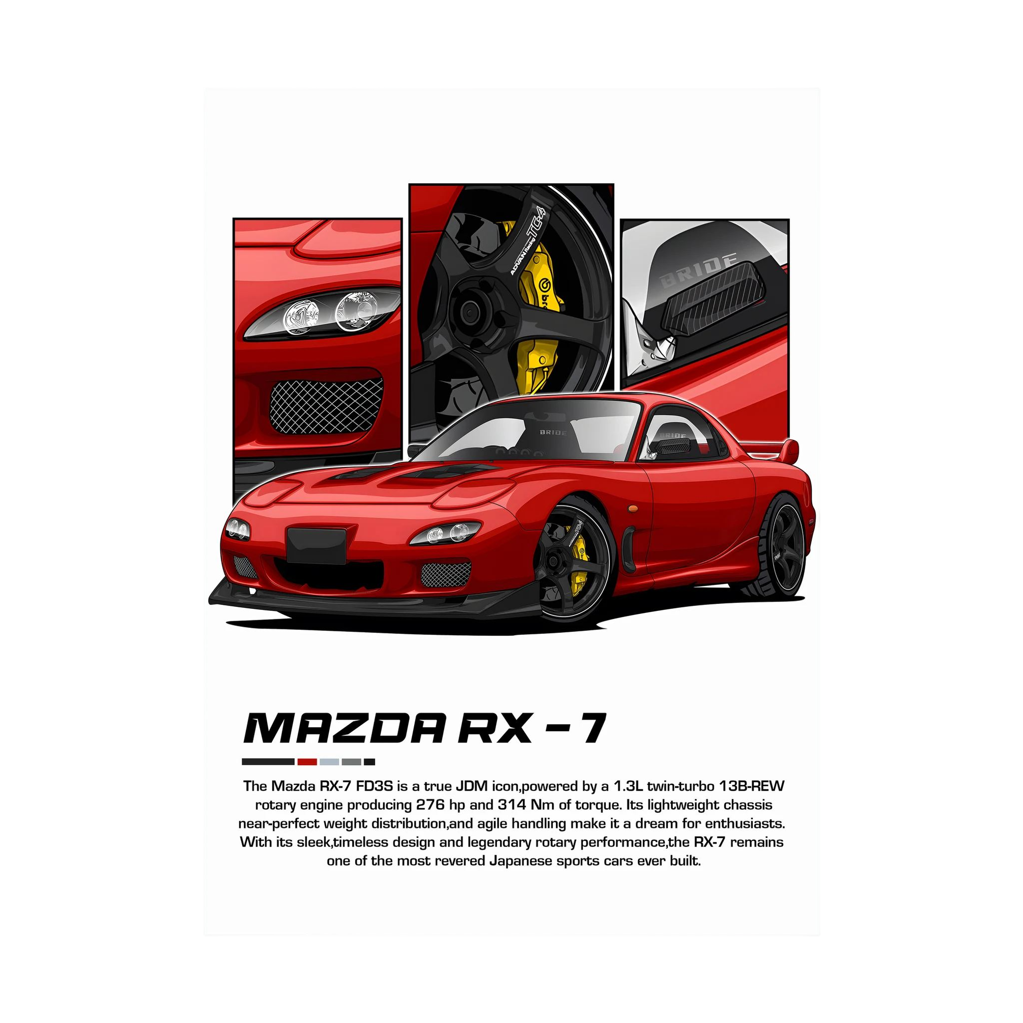 Red Mazda RX-7 illustration with detailed wheel, brake and engine panels.