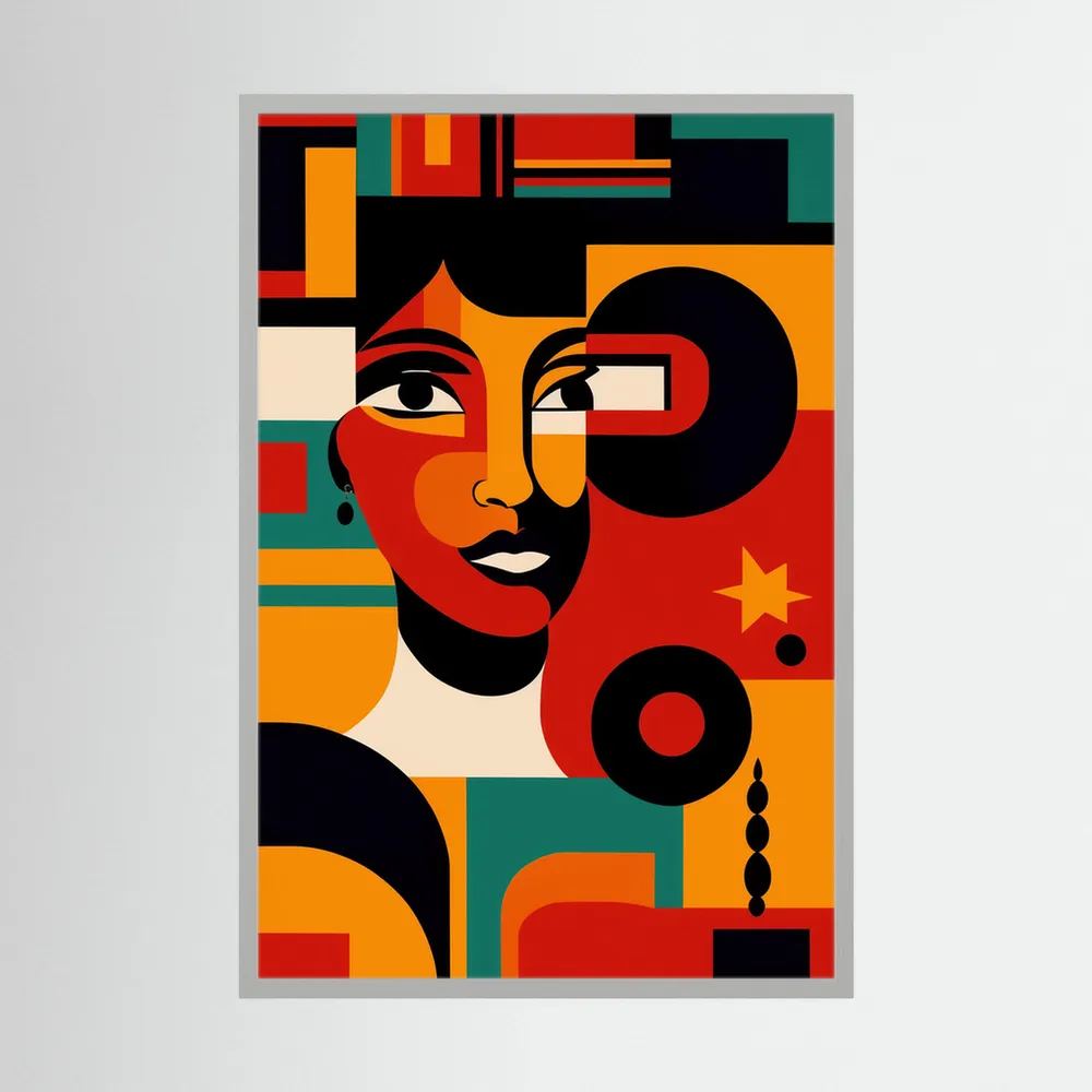 Cubist-inspired seated woman in a patterned dress set against a blue wall and delicate white flowers, shown in product view 2.