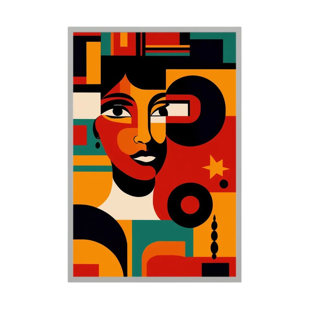 Cubist-inspired seated woman in a patterned dress set against a blue wall and delicate white flowers, shown in product view 2.