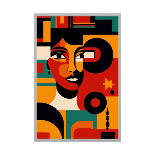 Cubist-inspired seated woman in a patterned dress set against a blue wall and delicate white flowers, shown in product view 2.