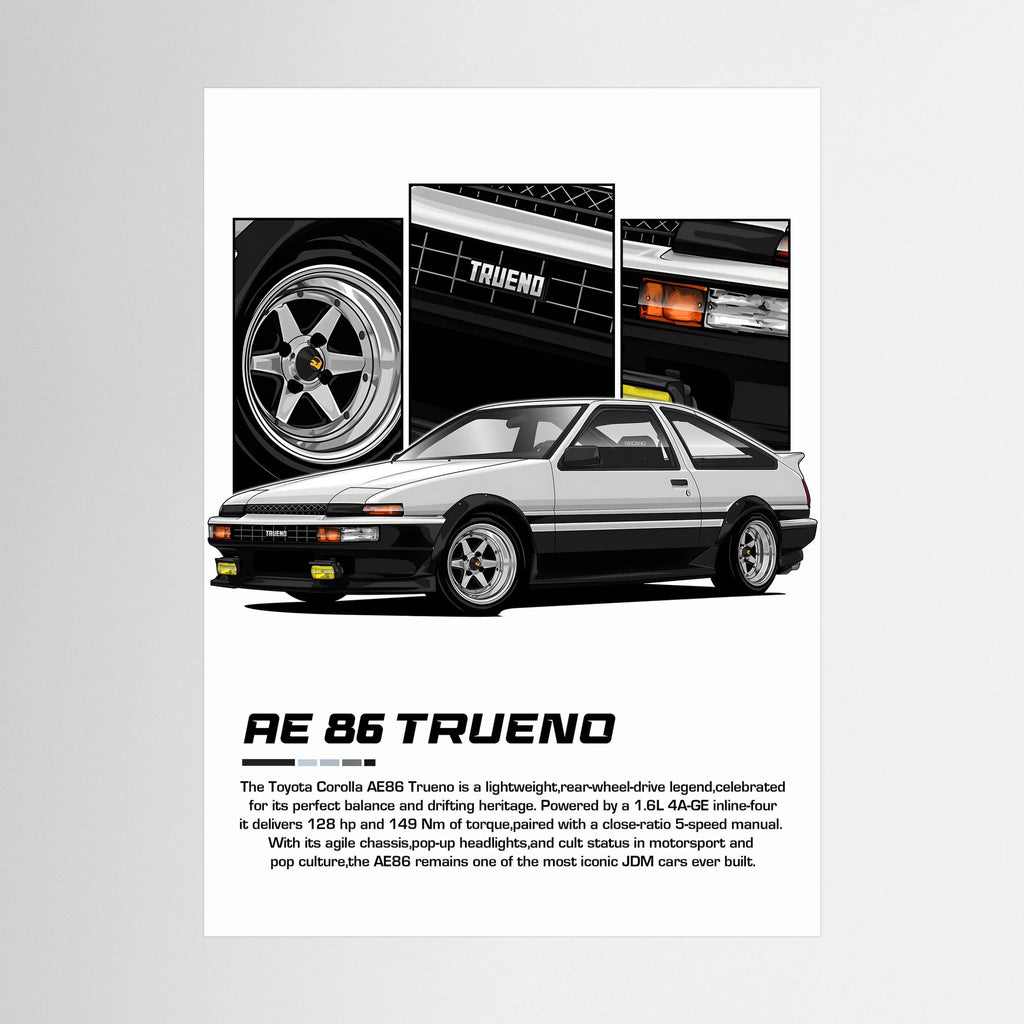 Black and white Toyota AE86 Trueno illustration with pop-up headlights and close-up panels.