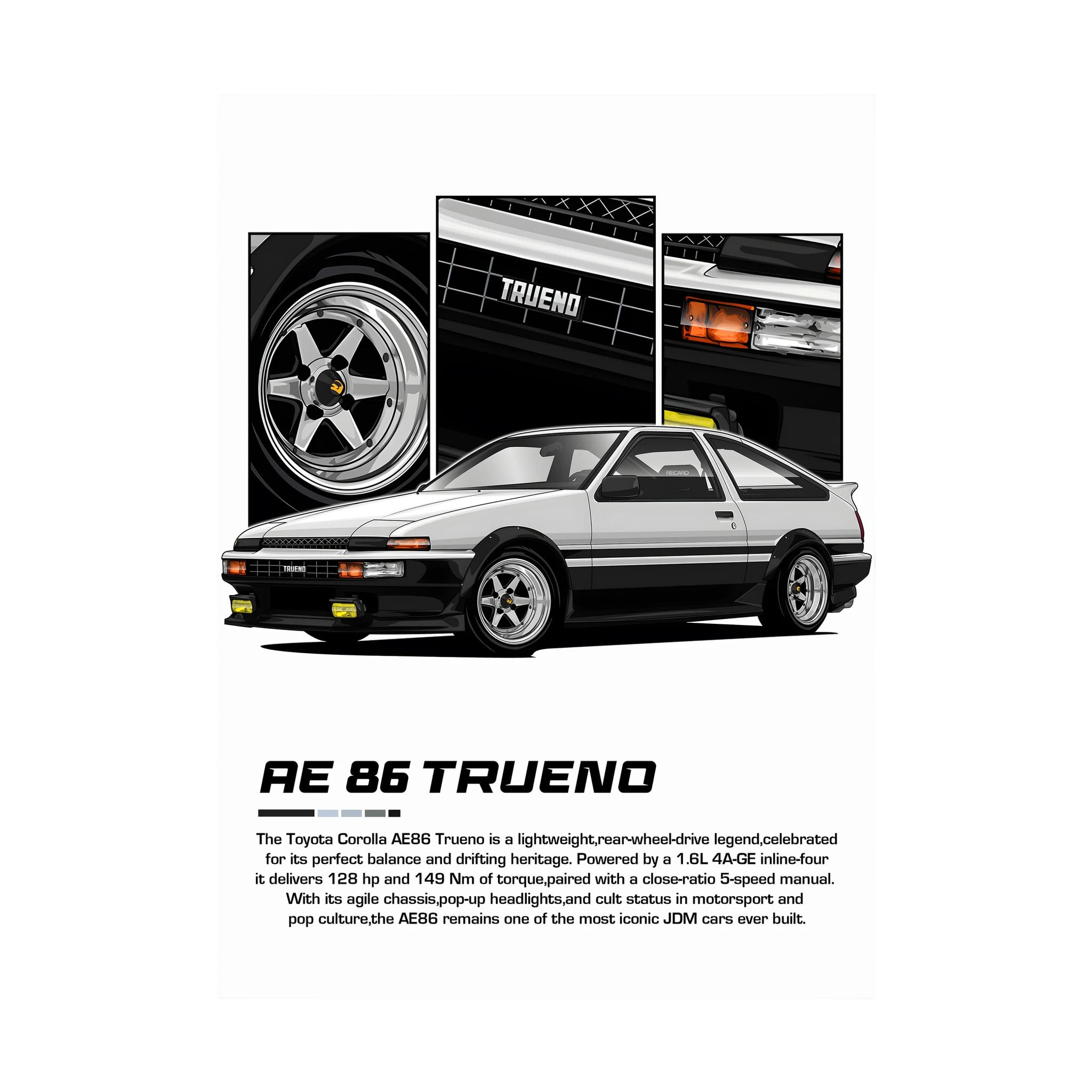 Black and white Toyota AE86 Trueno illustration with pop-up headlights and close-up panels.