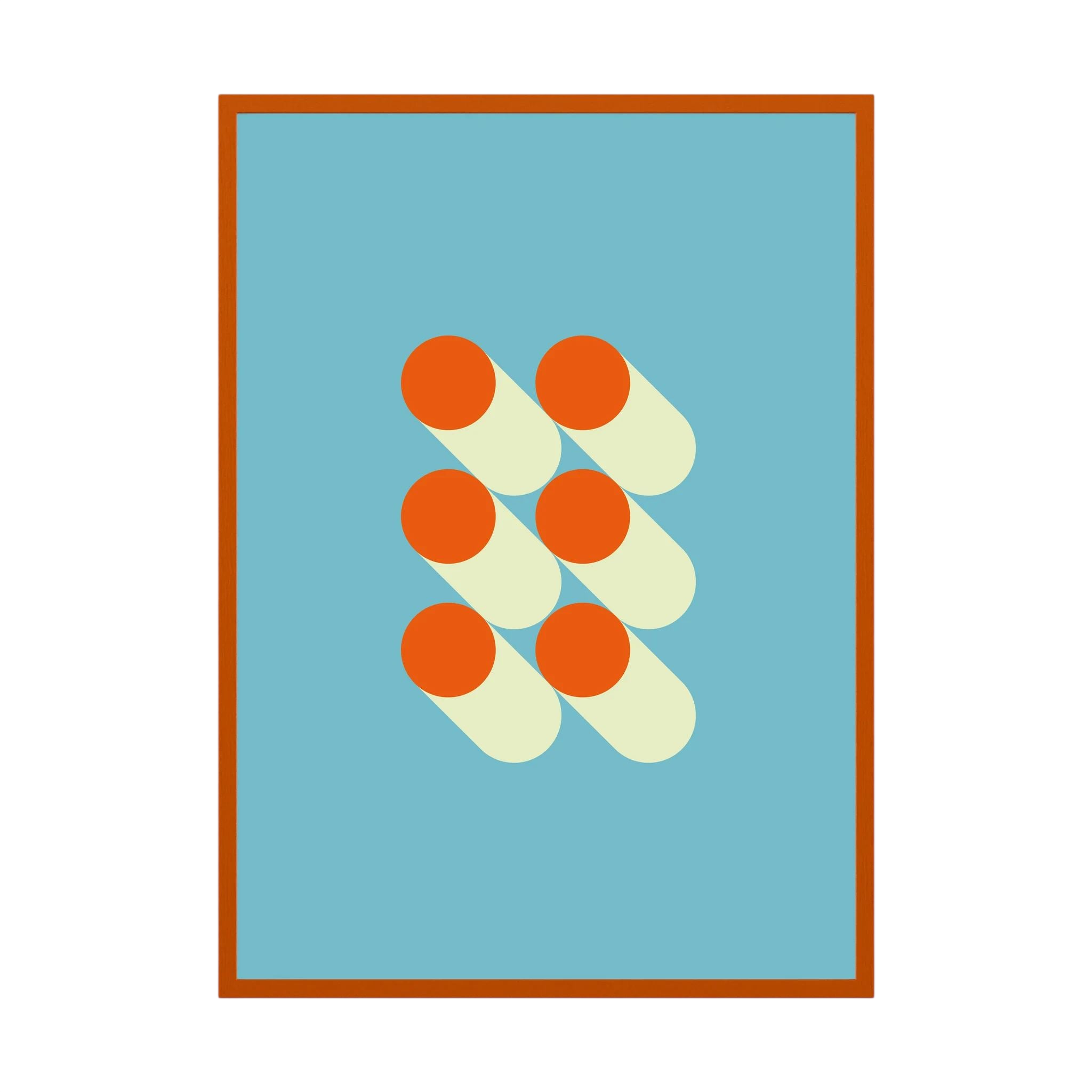 Orange circles and cream capsule shapes arranged on a pale blue background.
