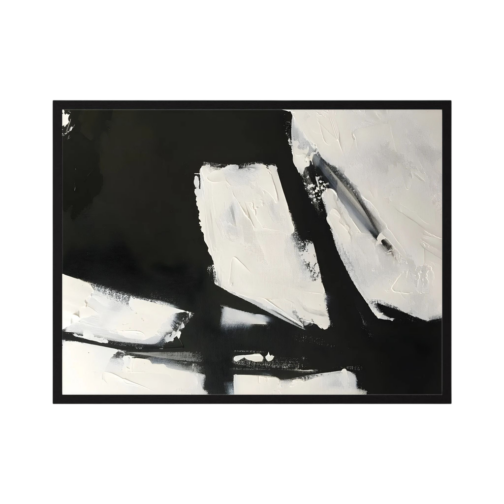 Heavy black strokes and textured white paint intersect across a wide monochrome abstract composition, shown in product view 5.