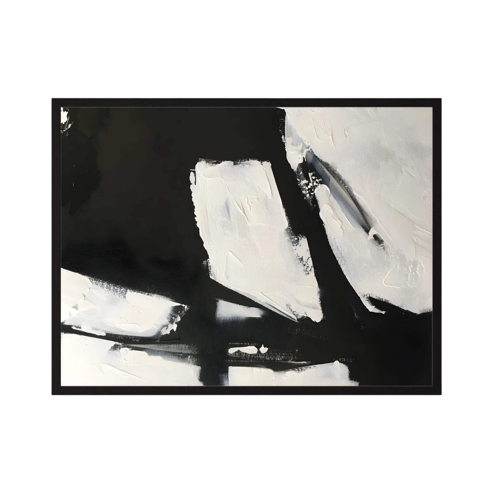 Heavy black strokes and textured white paint intersect across a wide monochrome abstract composition, shown in product view 5.