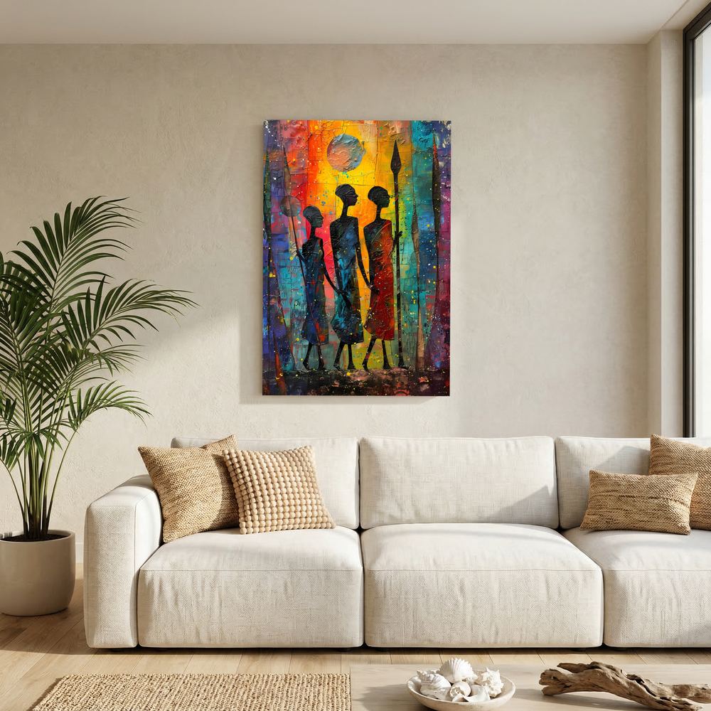 Sunlit Guardians colourful African figurative art print, product view 5.