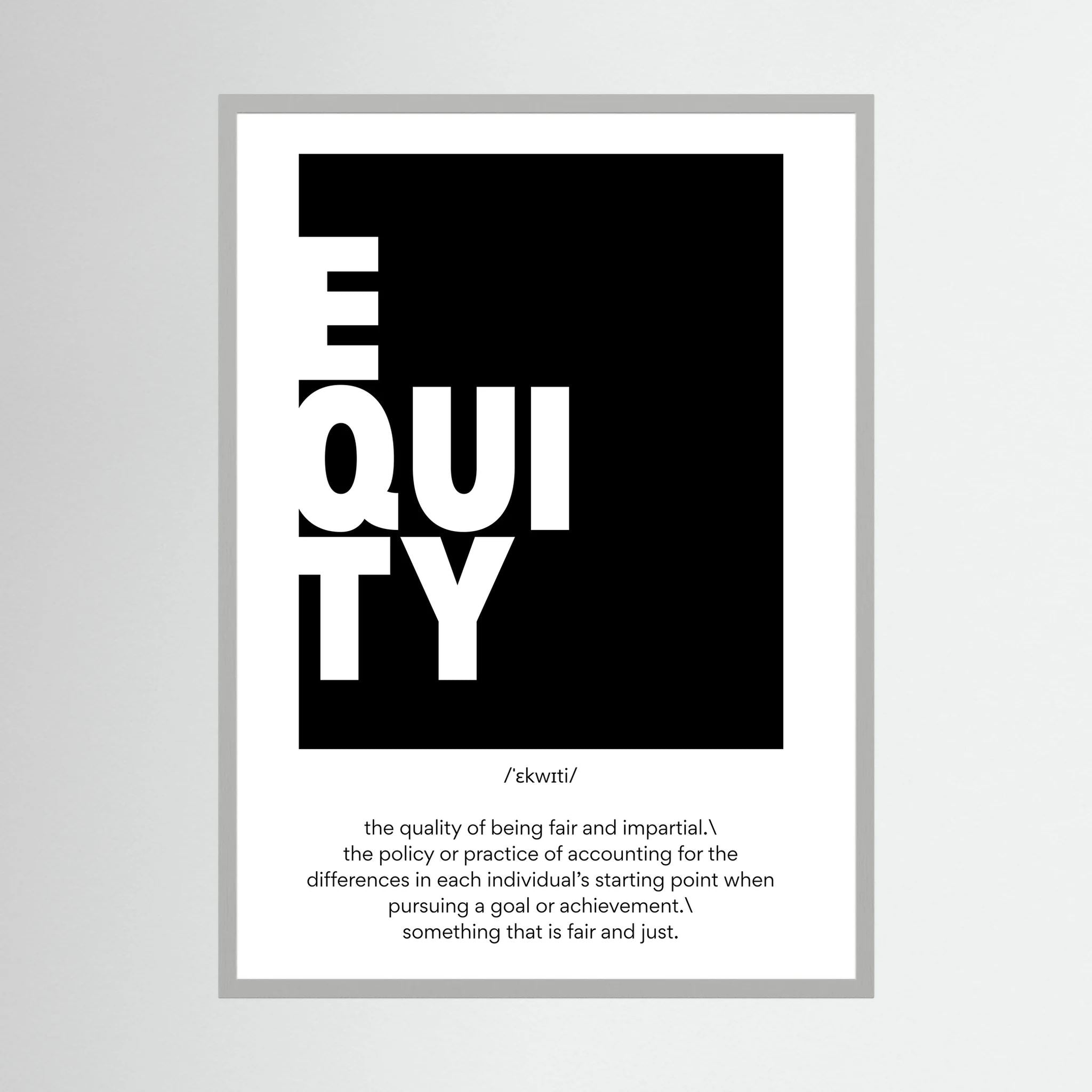 Black and white typographic definition print spelling equity in a bold modern layout, shown in product view 3.