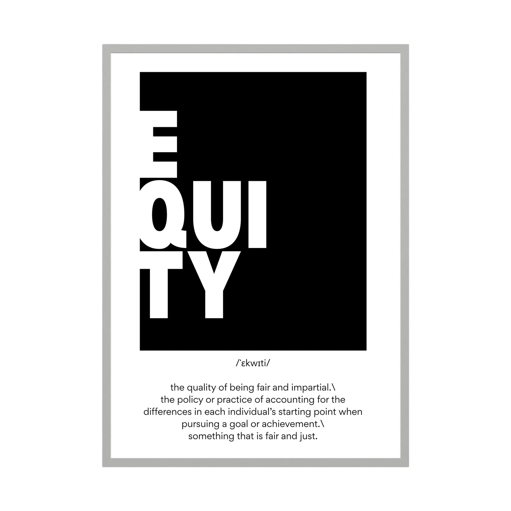 Black and white typographic definition print spelling equity in a bold modern layout, shown in product view 3.