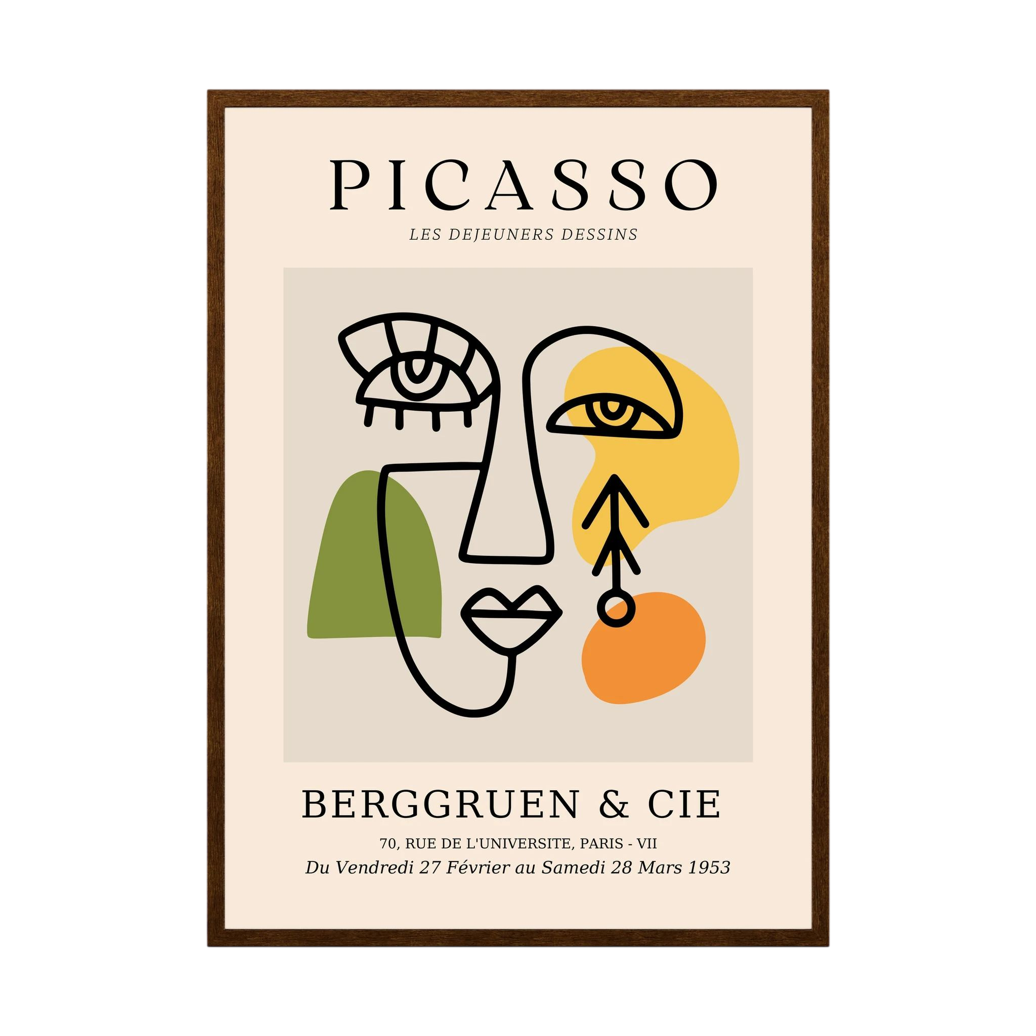 Abstract cubist face drawn in black with green, yellow and orange blocks on a neutral exhibition-style poster, shown in product view 4.
