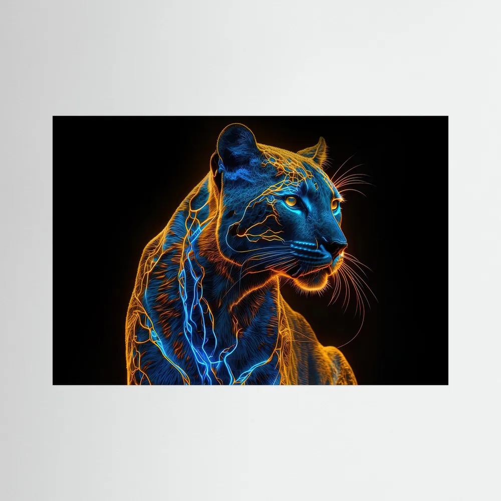 Leopard portrait outlined in electric blue and fiery orange light against a deep black background.