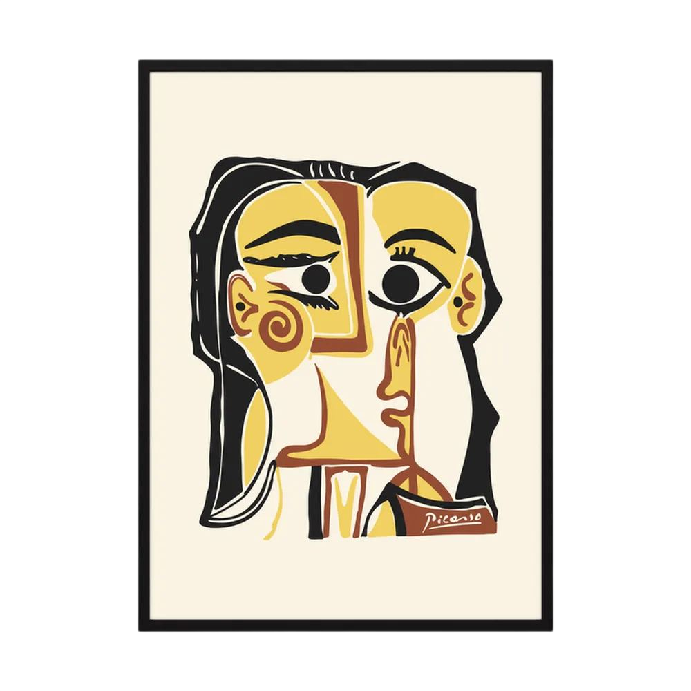 Stylised cubist portrait in golden yellow, cream, brown and black with oversized expressive eyes, shown in product view 3.