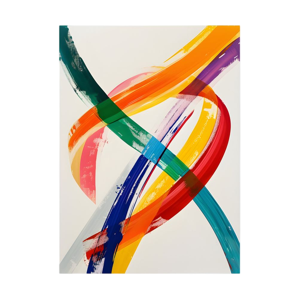 Sweeping intersecting brushstrokes in orange, teal, yellow, red and blue.