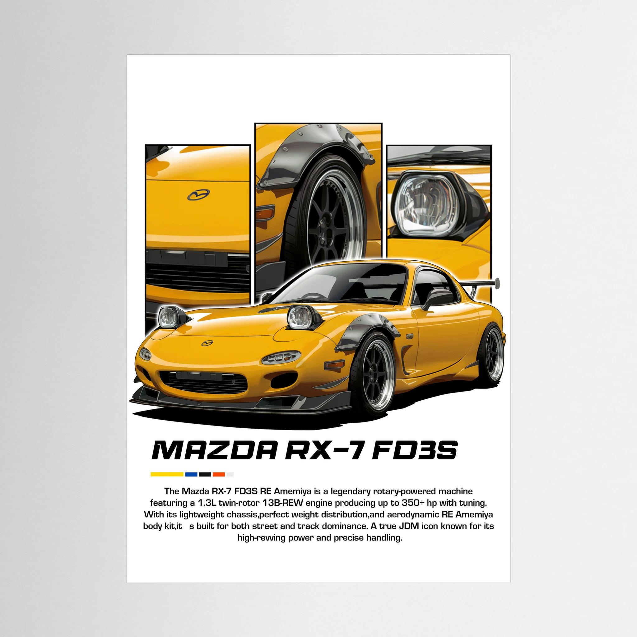Yellow Mazda RX-7 FD3S illustration with pop-up headlights and close-up panels.