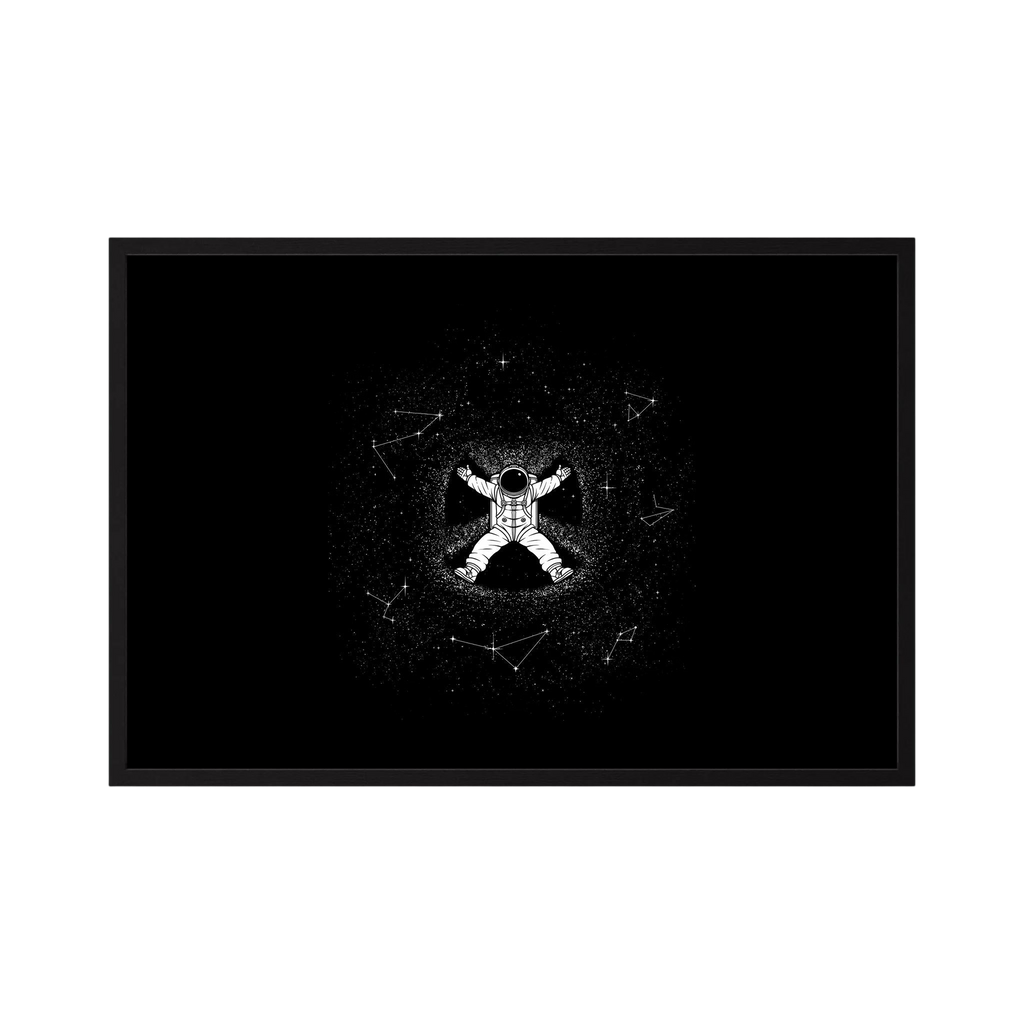 White astronaut floats at the centre of a black star field surrounded by fine constellation lines.