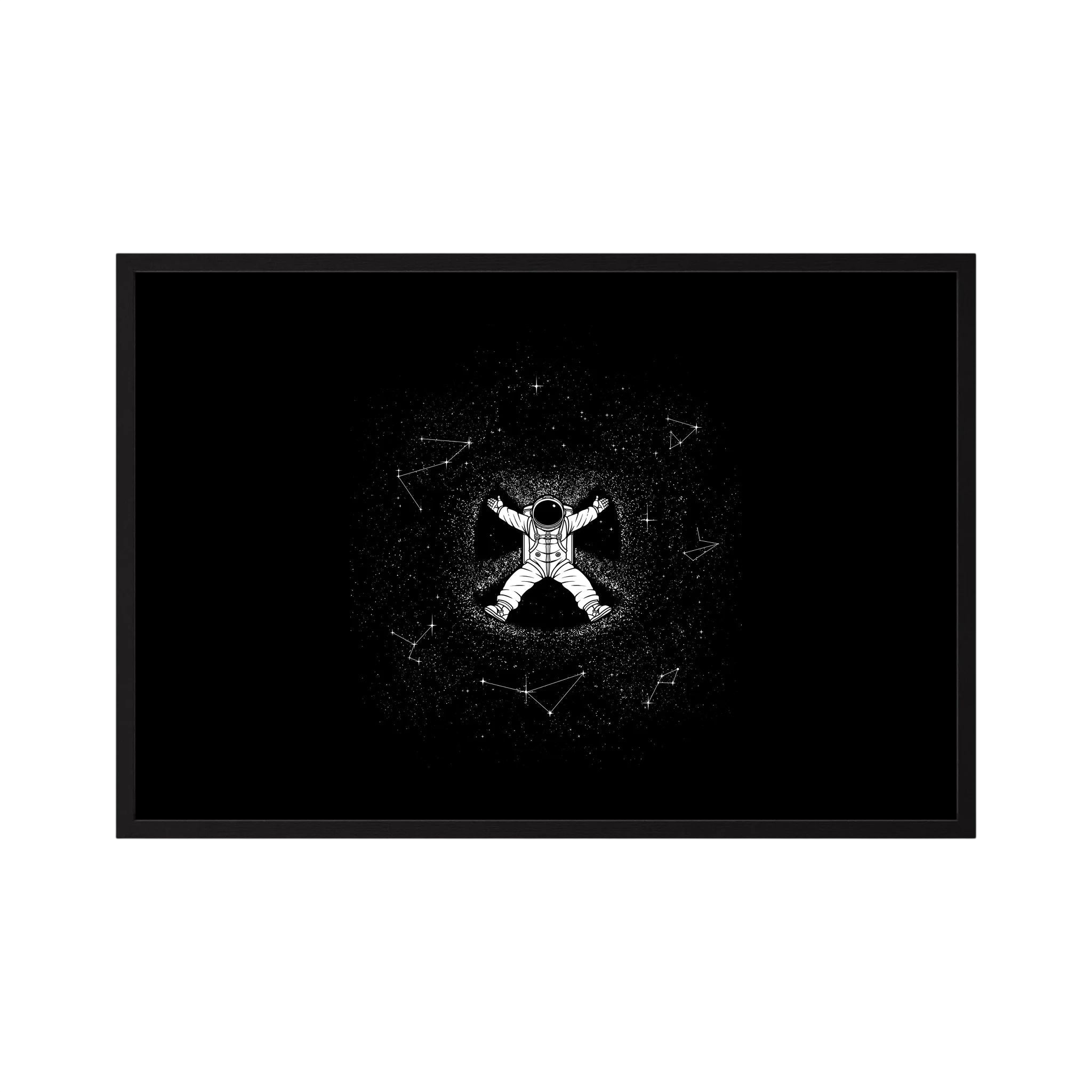 White astronaut floats at the centre of a black star field surrounded by fine constellation lines.
