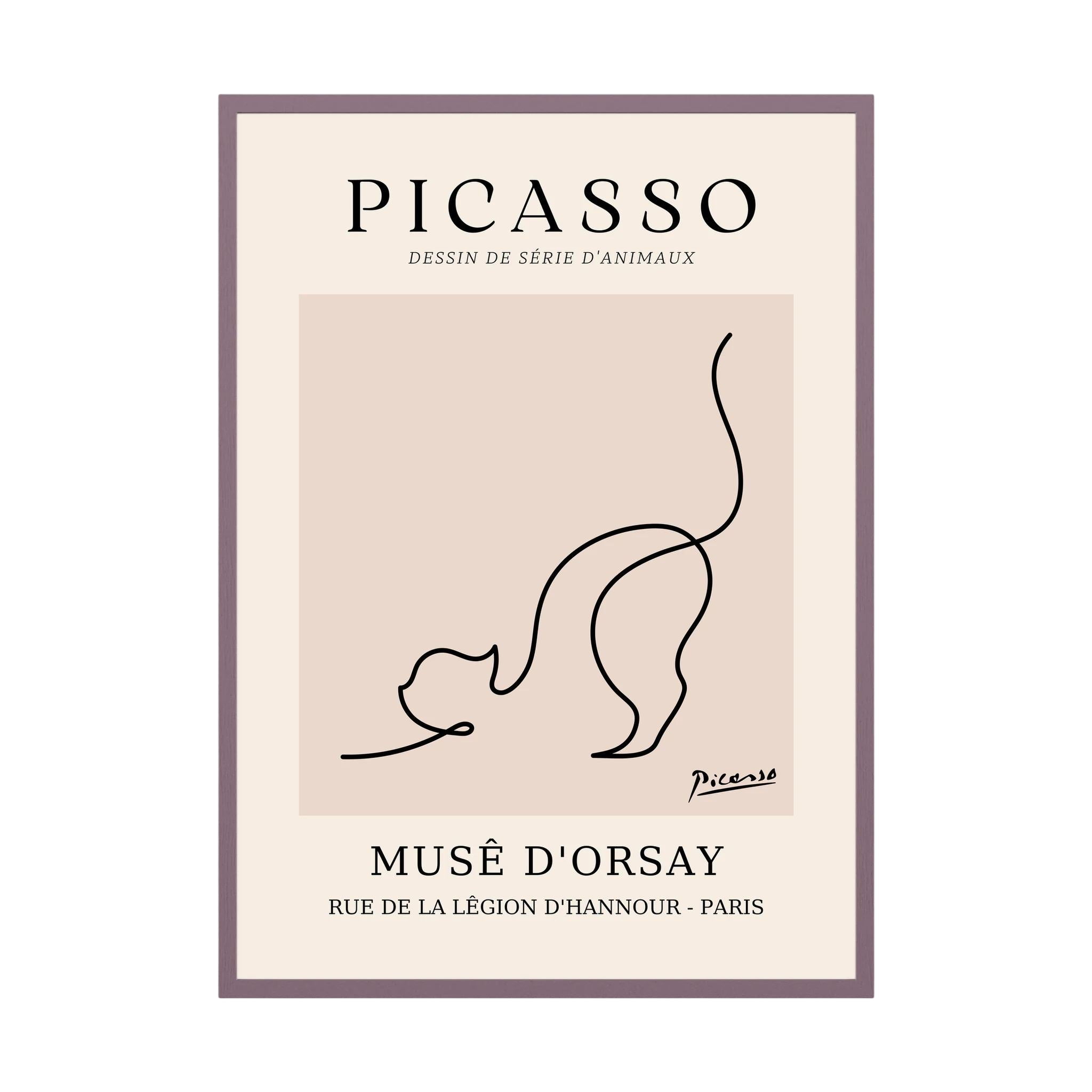Single black line sketches a curious cat with raised tail in a warm beige museum-style poster.