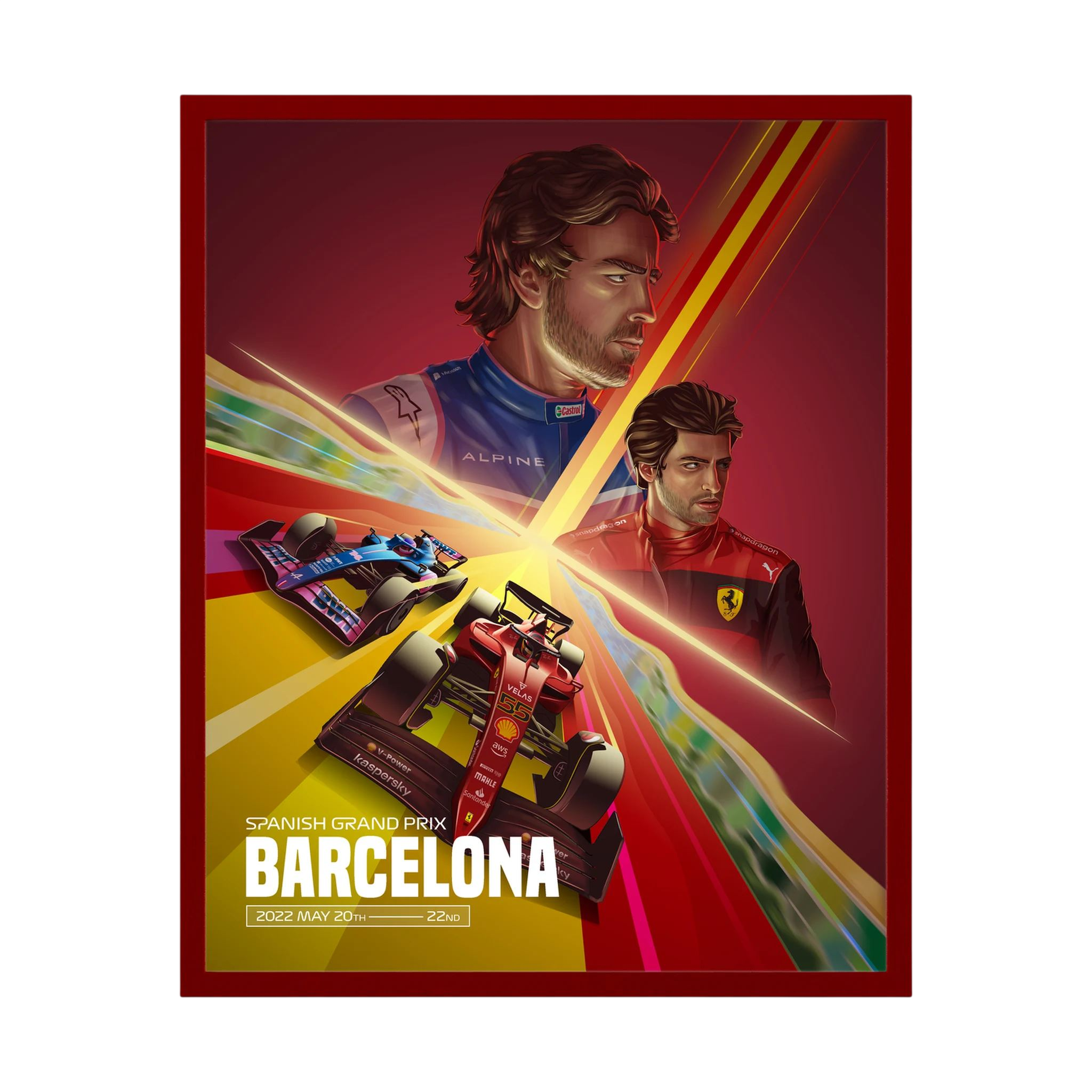 Illustrated Formula One drivers and red and blue racing cars on a Barcelona Grand Prix poster.