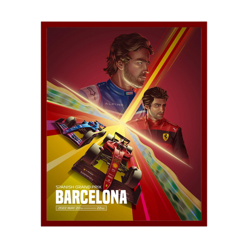 Illustrated Formula One drivers and red and blue racing cars on a Barcelona Grand Prix poster.