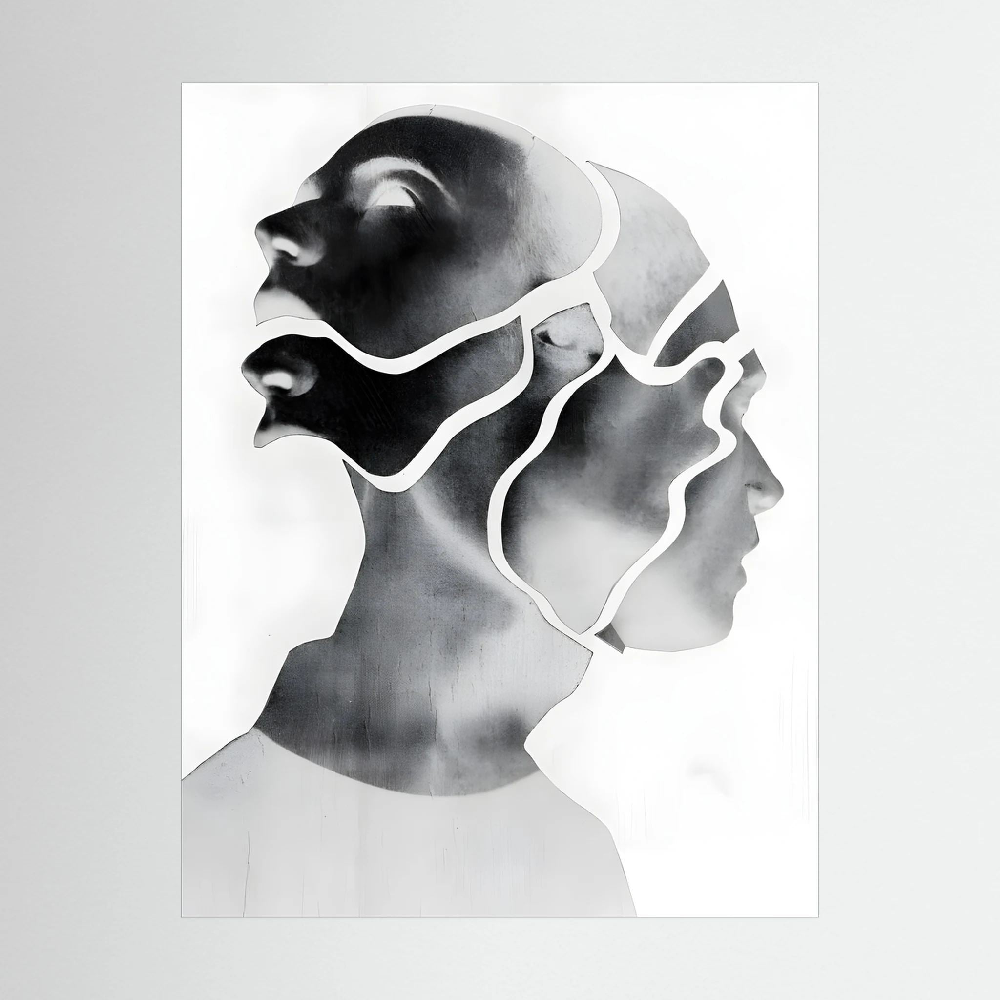 Overlapping female profiles in black, grey and white create a layered contemporary portrait.