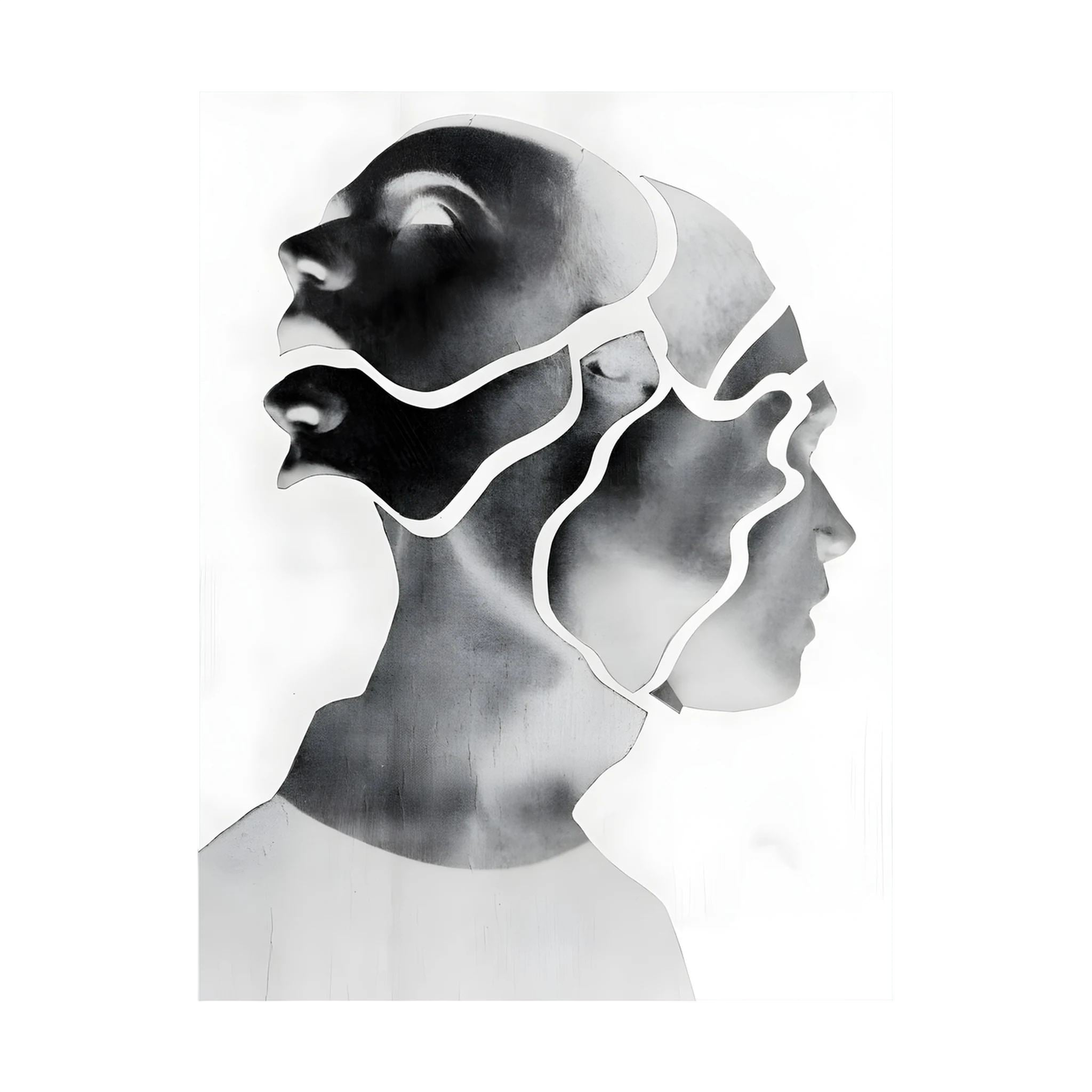 Overlapping female profiles in black, grey and white create a layered contemporary portrait.