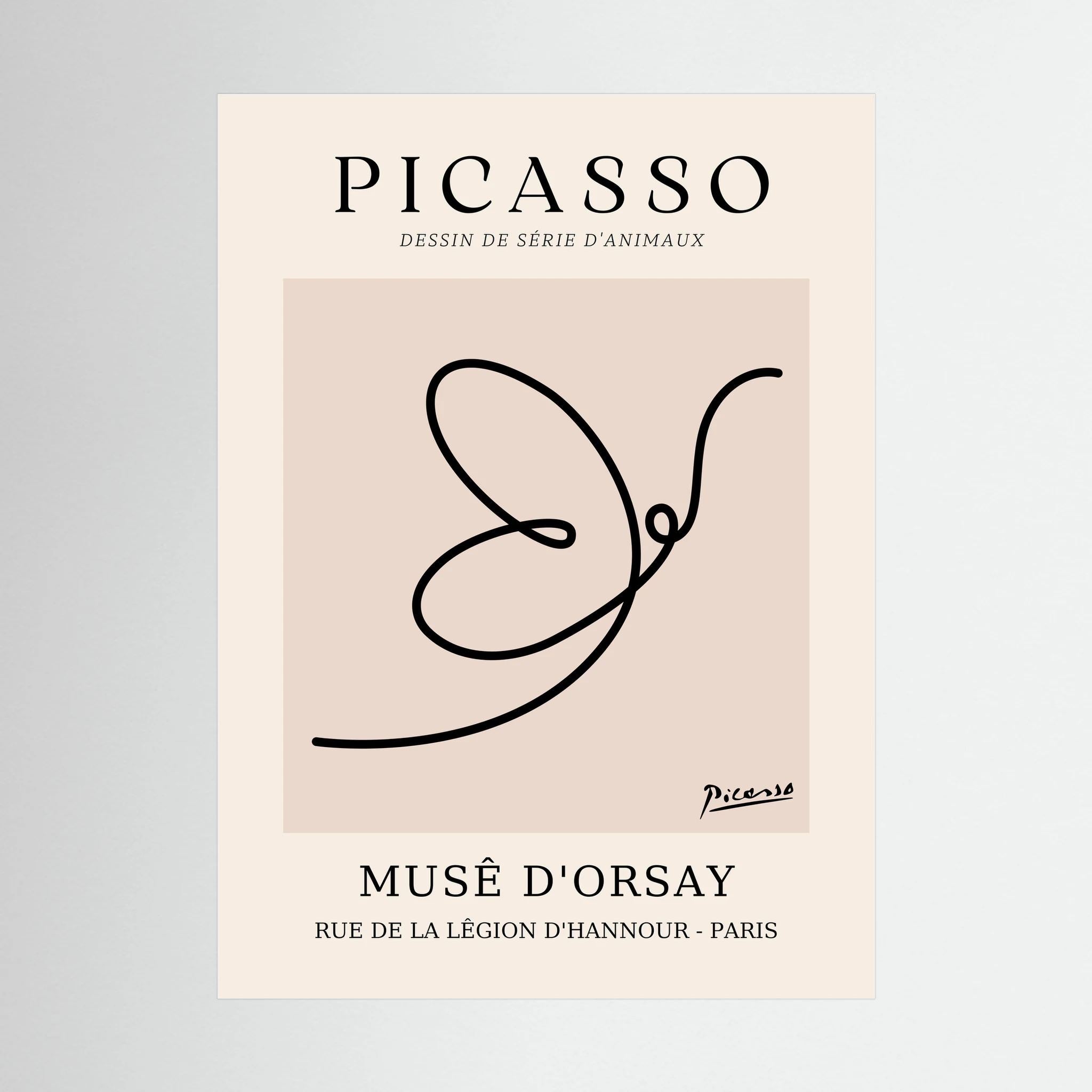 Single continuous black line forms a butterfly within a warm beige museum-style poster layout, shown in product view 3.