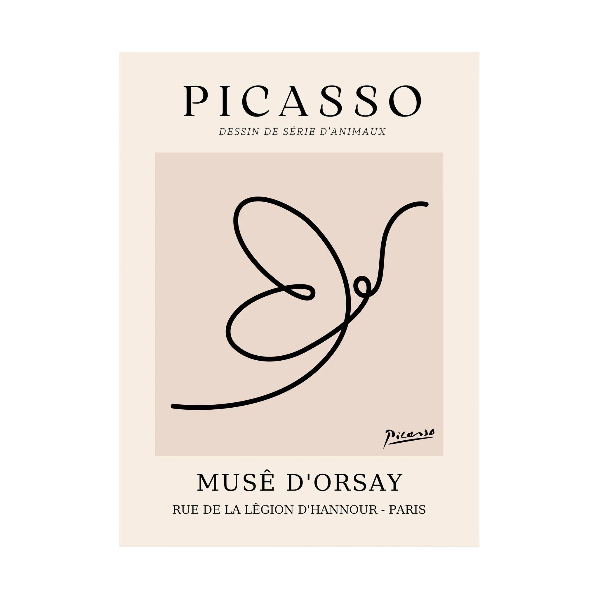 Single continuous black line forms a butterfly within a warm beige museum-style poster layout, shown in product view 3.