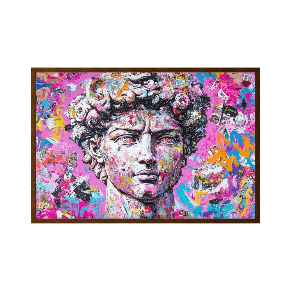 Classical David portrait transformed with layered collage textures and vivid pink, blue, orange and black paint, shown in product view 3.