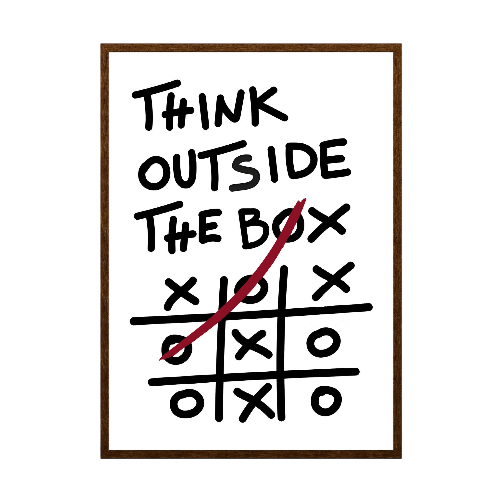 Hand-drawn think outside the box quote above a noughts-and-crosses grid with a red winning line, shown in product view 3.