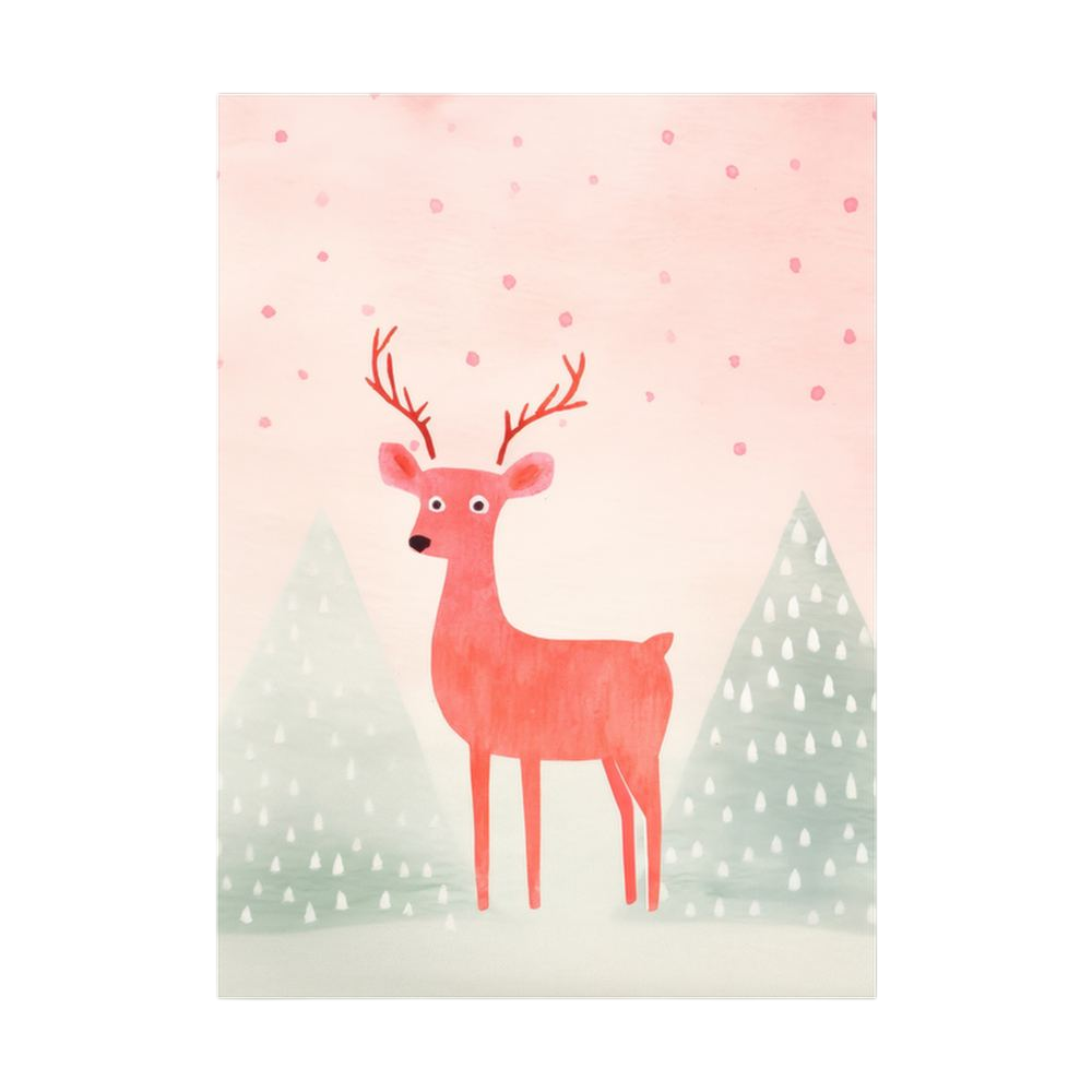 Stylised red deer in snowy pastel forest scene.