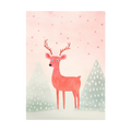 Stylised red deer in snowy pastel forest scene.