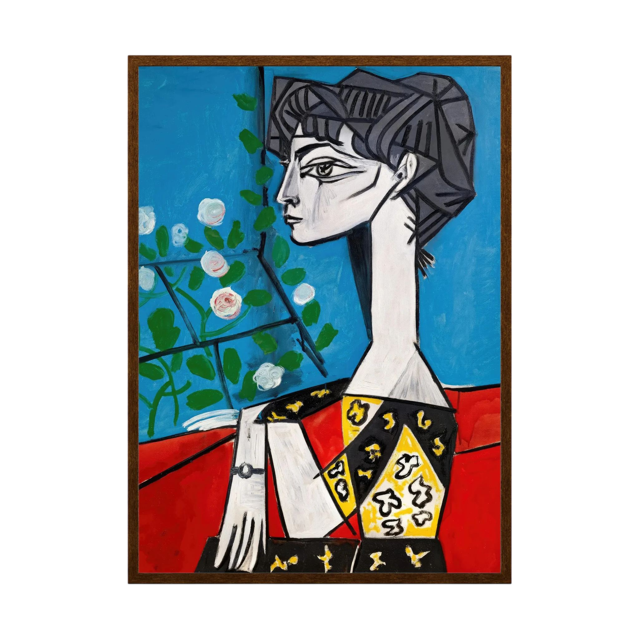Colourful geometric female portrait built from red, orange, teal, black and cream shapes, shown in product view 2.