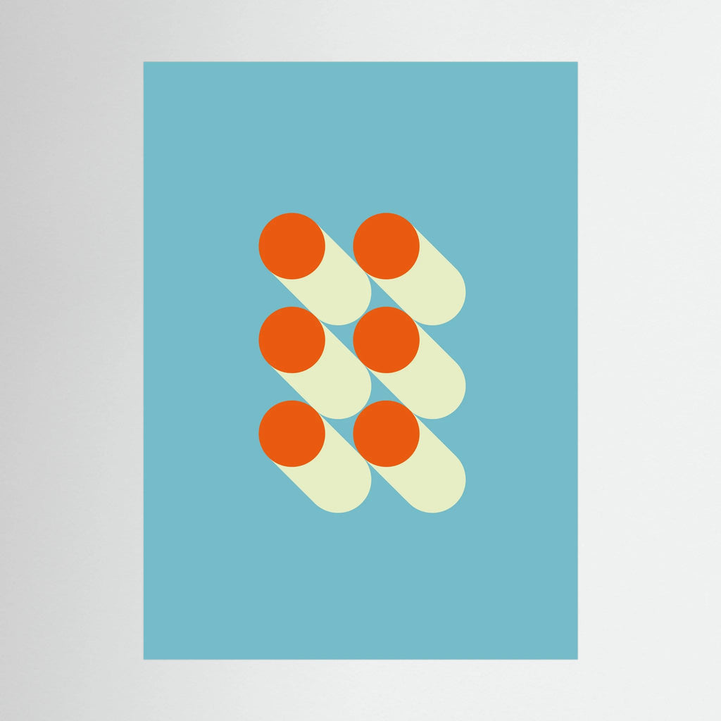 Orange circles and cream capsule shapes arranged on a pale blue background.