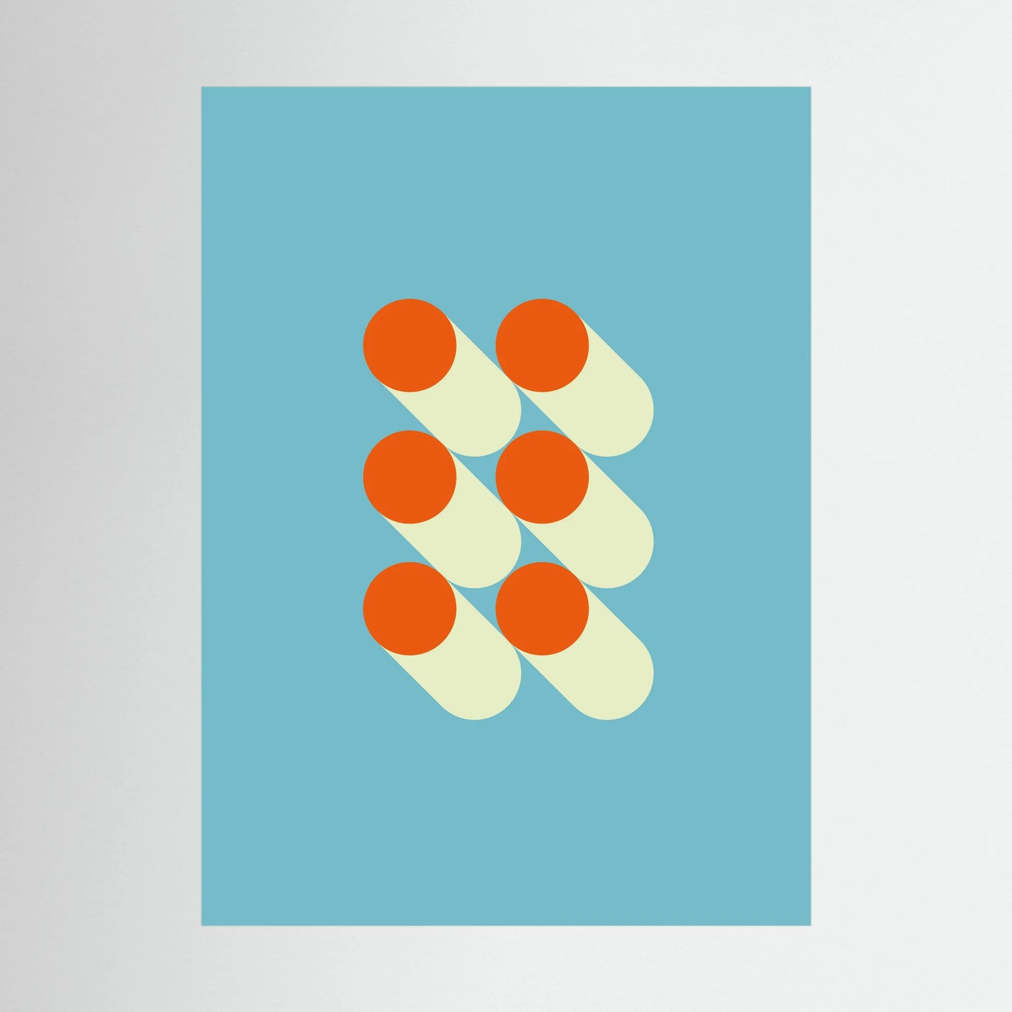 Orange circles and cream capsule shapes arranged on a pale blue background.