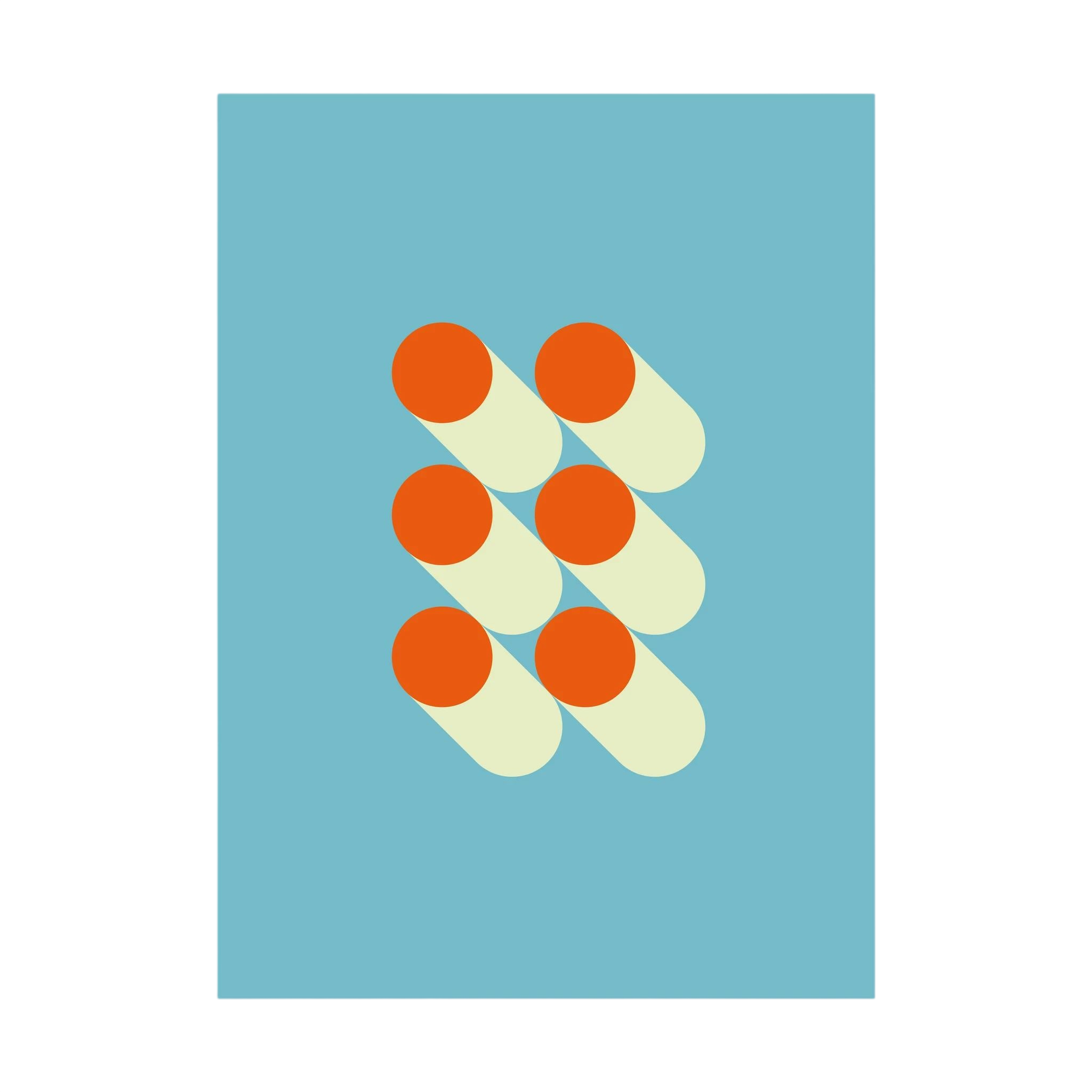 Orange circles and cream capsule shapes arranged on a pale blue background.