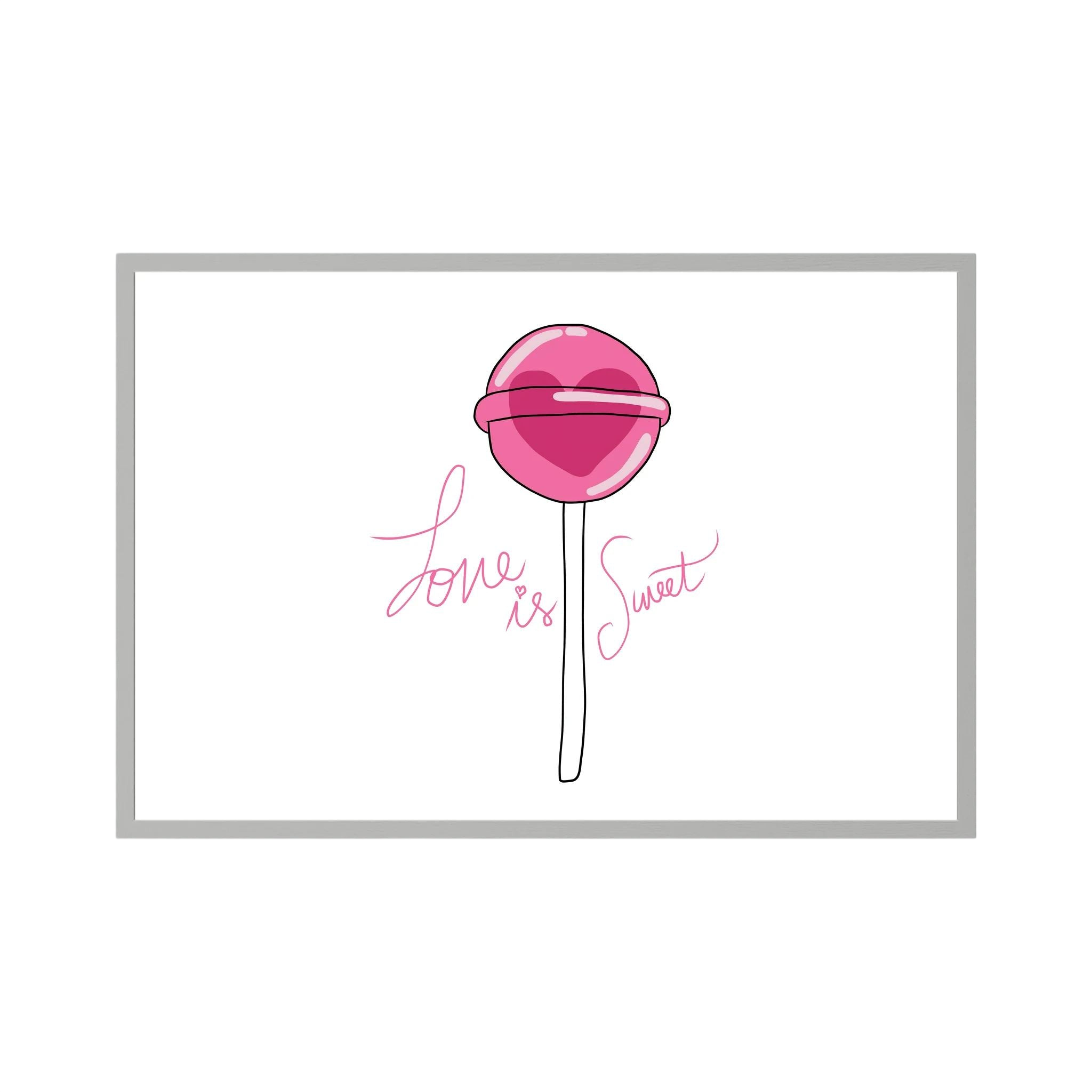 Pink heart-centred lollipop accompanies delicate script reading love is sweet on white, shown in product view 3.