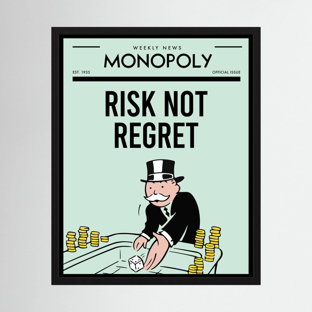 Retro Monopoly-style poster reading risk not regret with a top-hatted figure and dice, shown in product view 3.