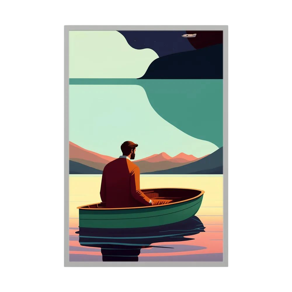 Solitary man seated in a green boat on still water beneath stylised mountains and a dark sky, shown in product view 3.