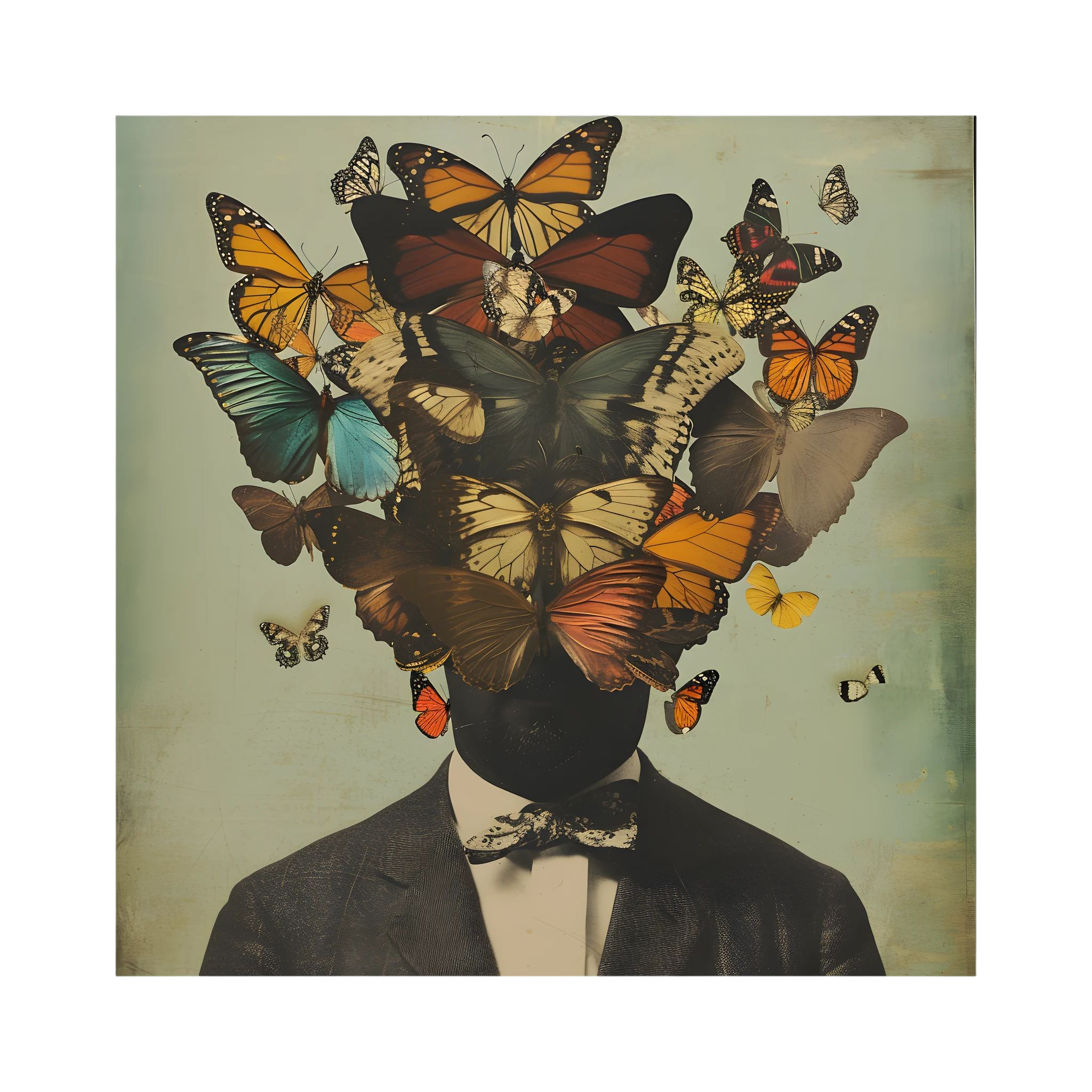 Surreal suited figure whose head is formed by a cluster of colourful butterflies, shown in product view 4.