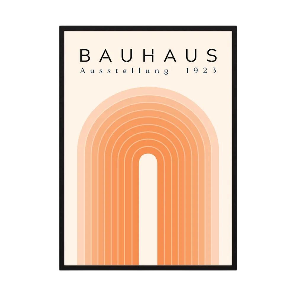 Peach and cream Bauhaus poster with layered concentric arch lines.