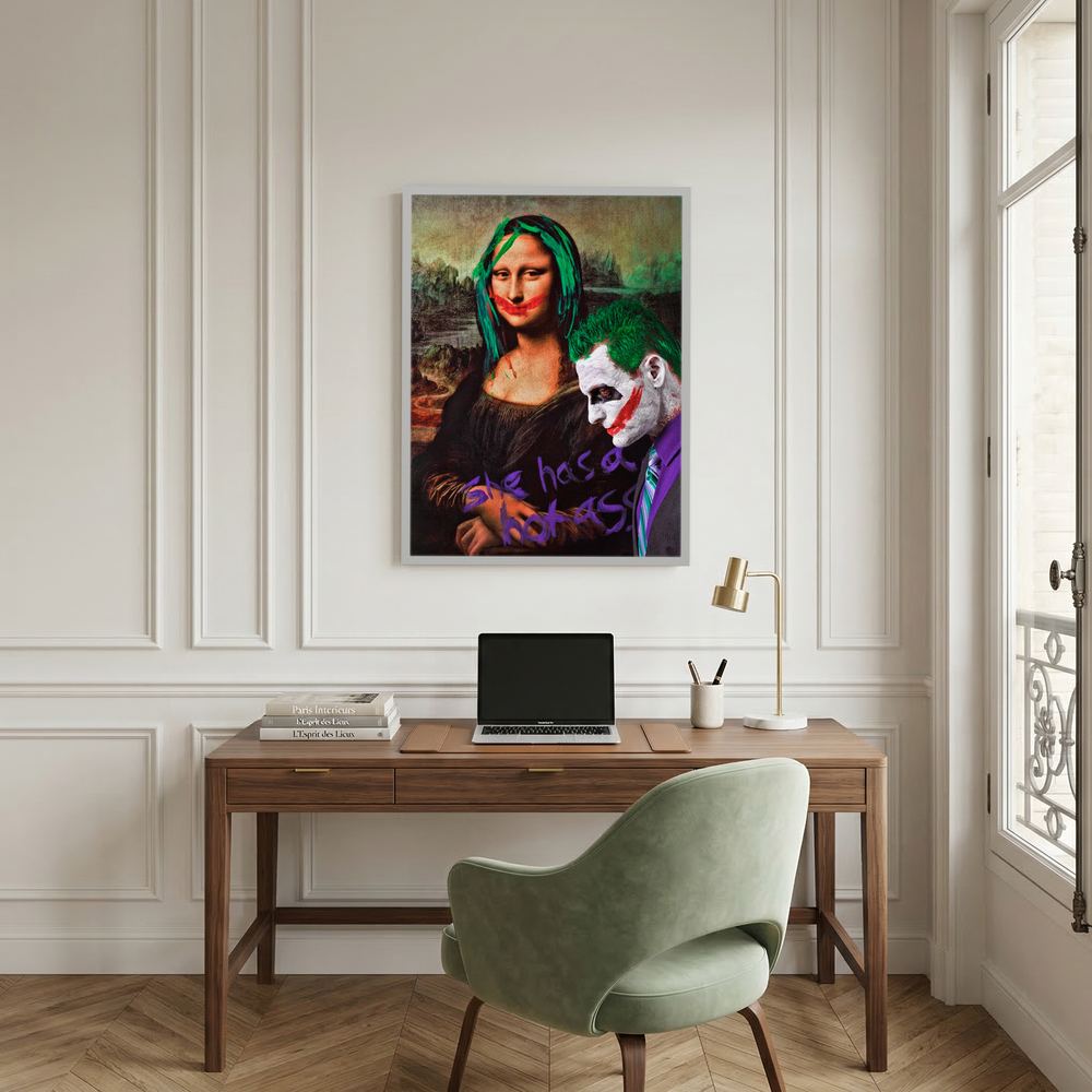 Alternative size view of classical pop art portrait with green hair and painted red smiles, shown in a dark oak wooden frame.