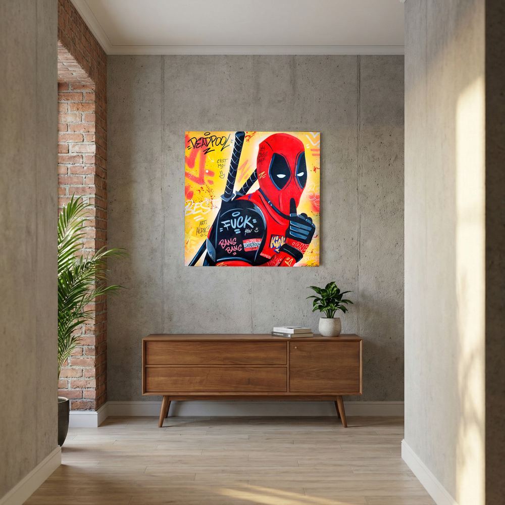 Red and yellow comic antihero pop art, shown unframed.