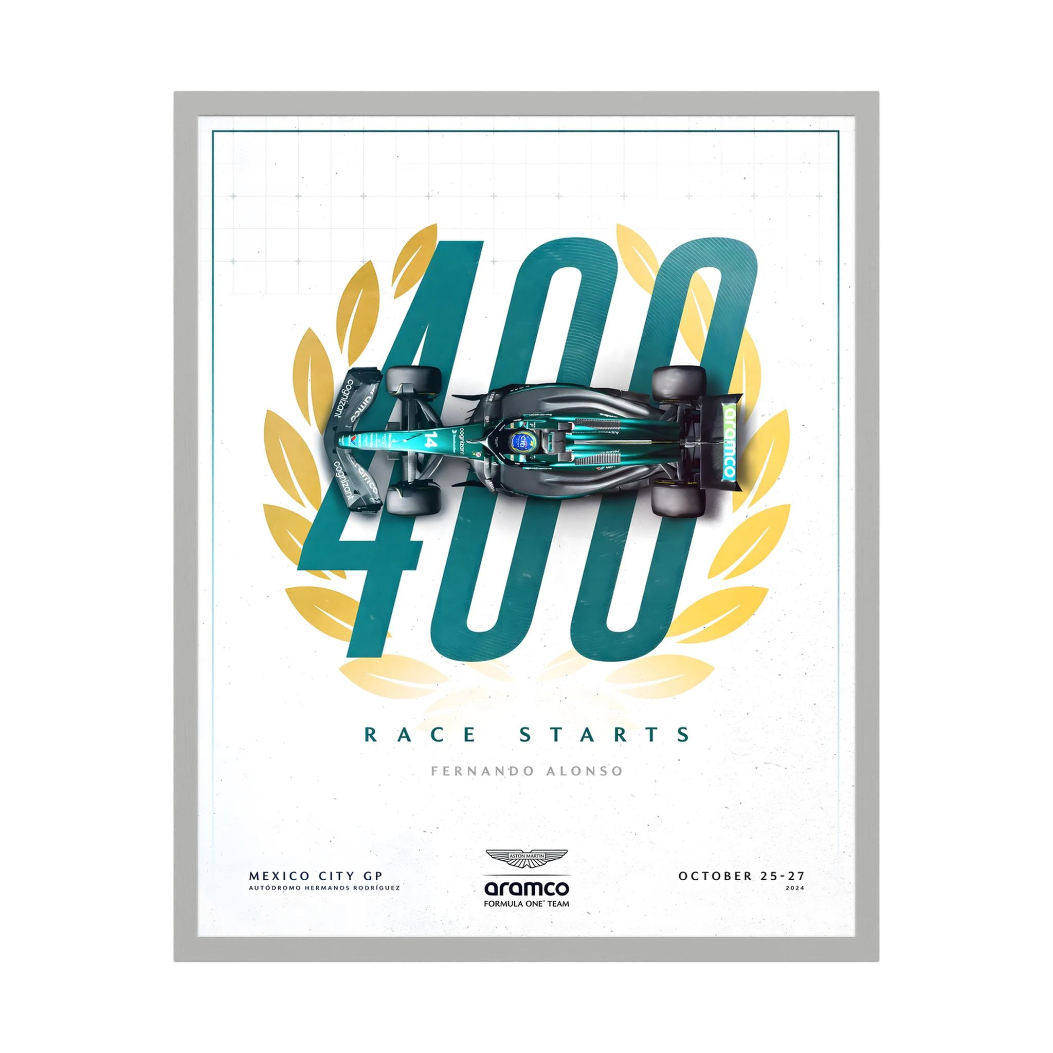 Green Formula One car over a large 400 race starts graphic for Fernando Alonso, shown in product view 3.