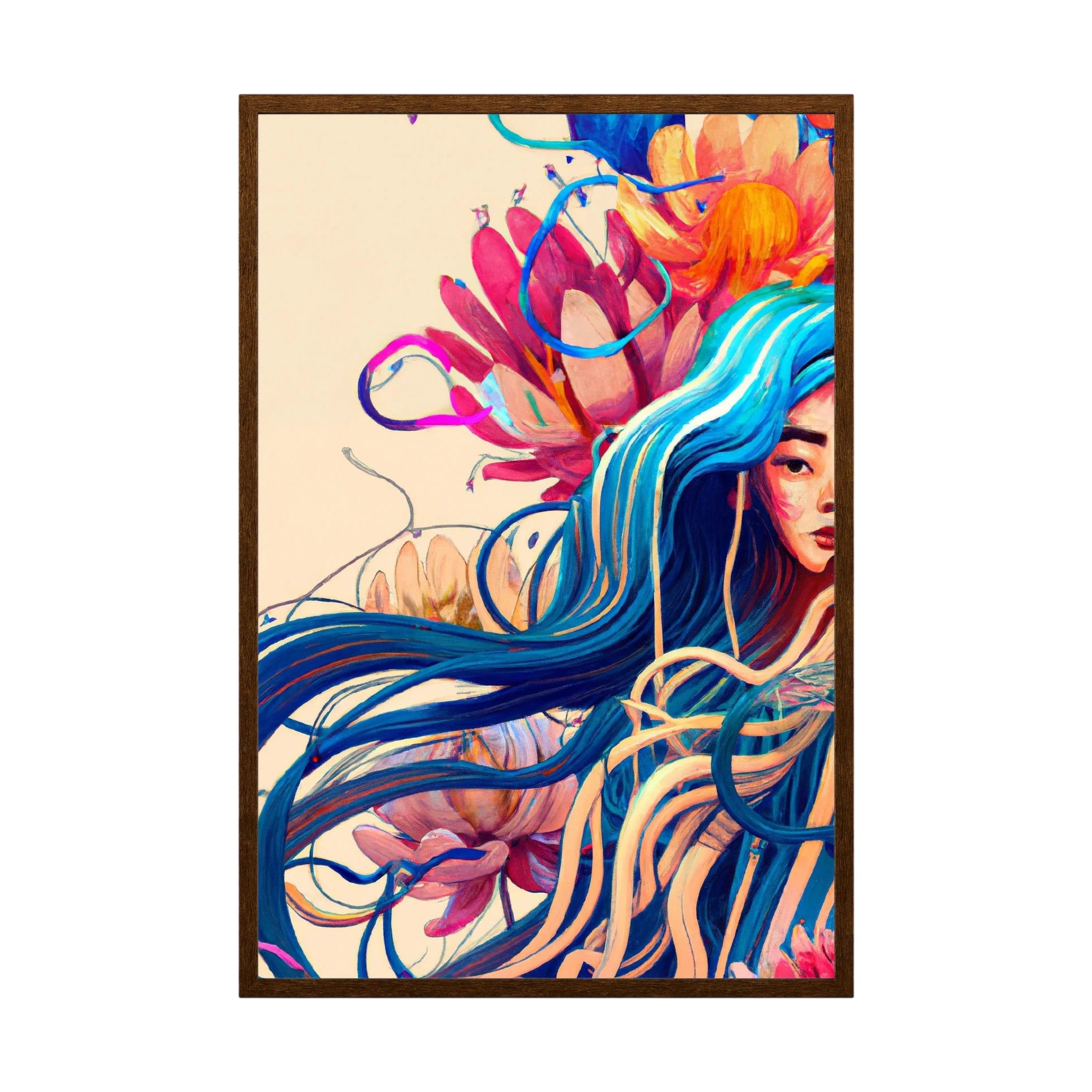 Illustrated woman with long flowing blue hair surrounded by coral and pink botanical forms, shown in product view 4.