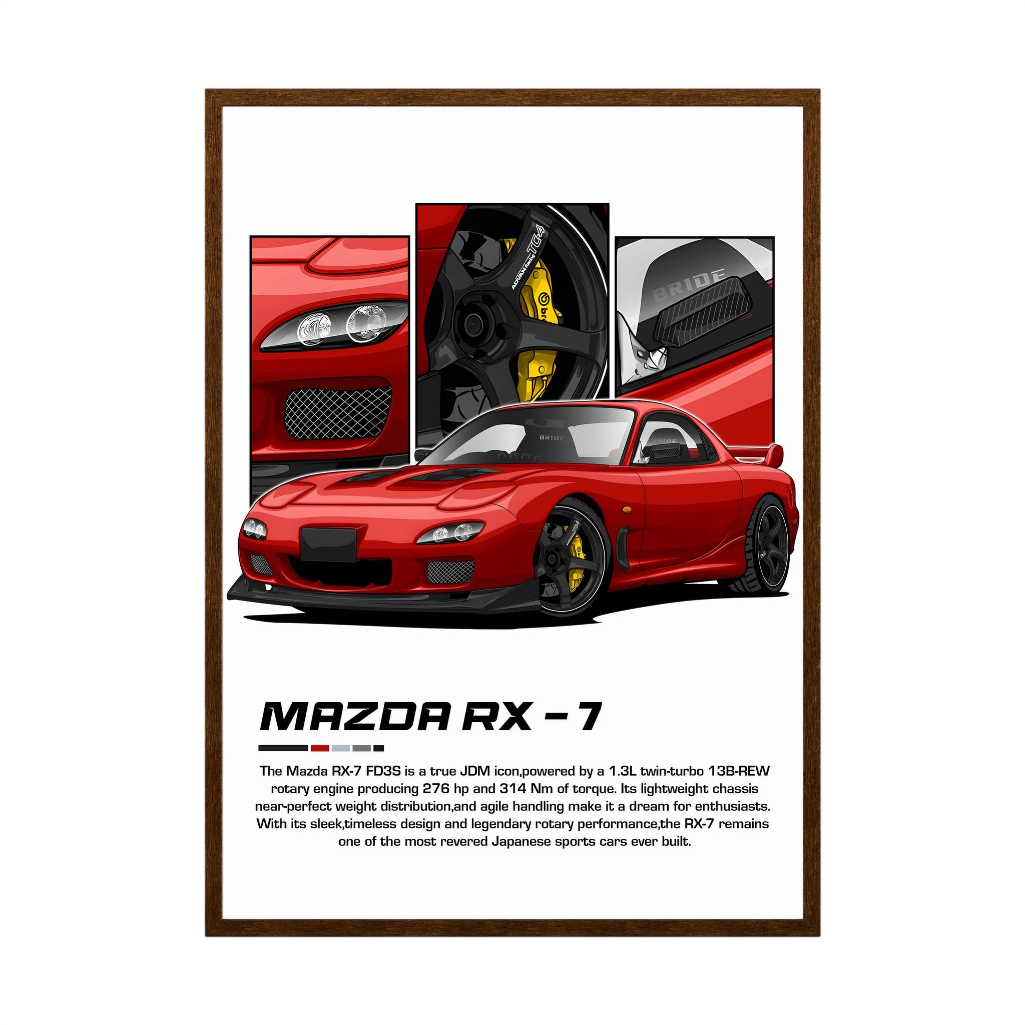 Red Mazda RX-7 illustration with detailed wheel, brake and engine panels.