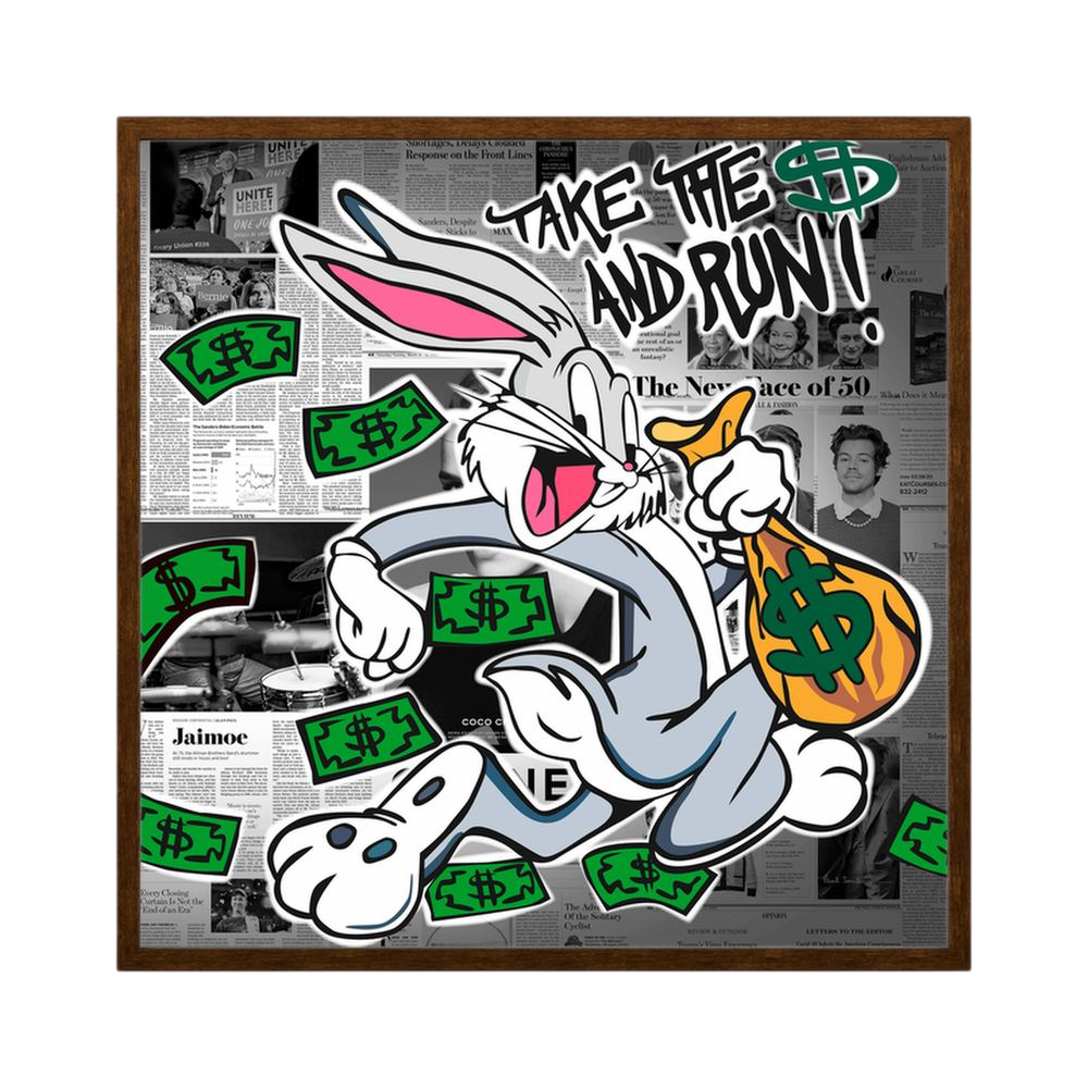 Take It and Run money-themed cartoon collage print, product view 2.