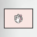 Small grey kitten holding pink blossom on a pale pink background.