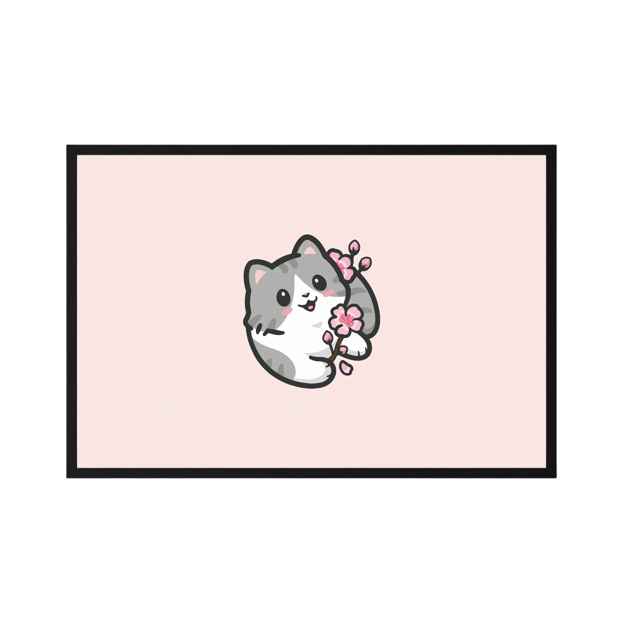Small grey kitten holding pink blossom on a pale pink background.