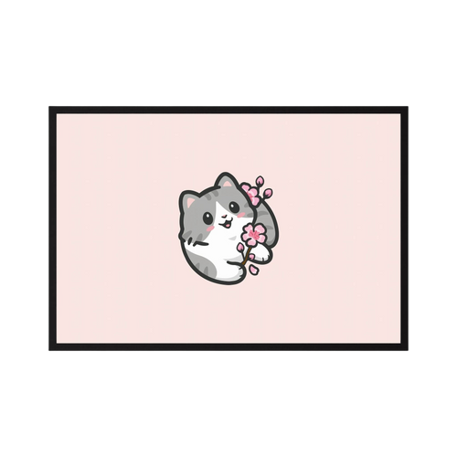 Small grey kitten holding pink blossom on a pale pink background.